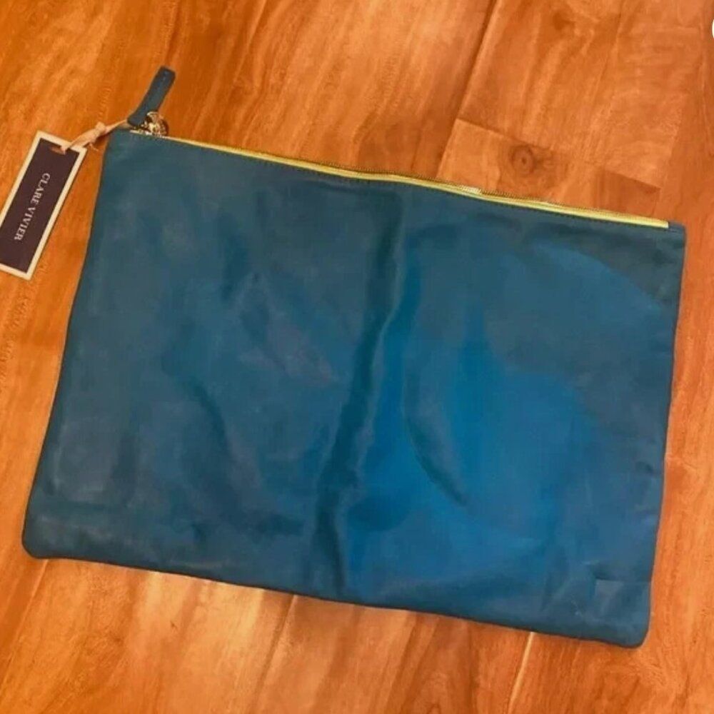 Clare Vivier Teal Foldover Clutch Oversized 17" Leather Travel Laptop Bag NWT